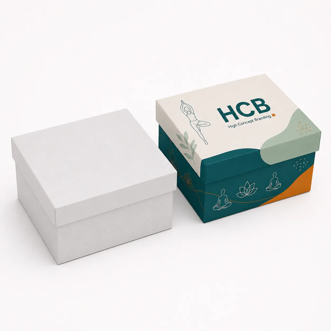 Two-piece custom lid and base rigid boxes for yoga mats with white and teal branding. class=